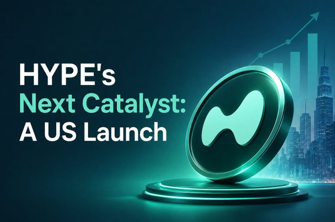 A promotional graphic with the text 'HYPE's Next Catalyst: A US Launch' next to a glowing teal coin with the Hyperliquid logo, set against a city skyline backdrop with an upward-pointing arrow.