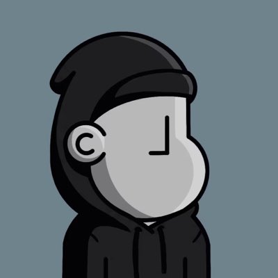 Cartoon illustration of a hooded figure in black clothing with a stylized face against a plain blue-gray background.