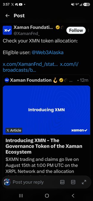 A mobile screenshot of an X (Twitter) post from 'Xaman Foundation' (@XamanFnd_) announcing a token allocation check for user '@Web3Alaska' and introducing the 'XMN' governance token of the Xaman Ecosystem, with trading going live on August 15th at 1:00 PM UTC on the XRPL Network.