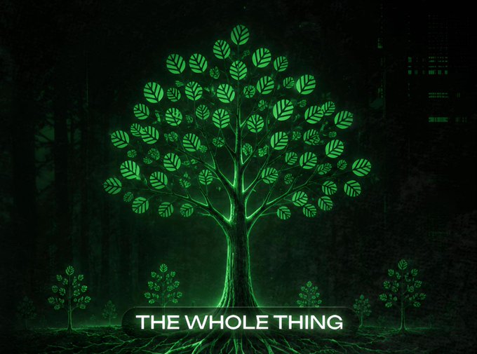 The image features a large tree with green leaves that has been split into multiple sections or blocks of varying sizes. The largest block is positioned at the bottom left corner, while smaller ones are scattered throughout the rest of the image. Each block contains text that reads "The Whole Thing" and "Block Reward Distribution in @CNPYNetwork". This arrangement suggests a connection between the tree's structure and the distribution of rewards within the network.