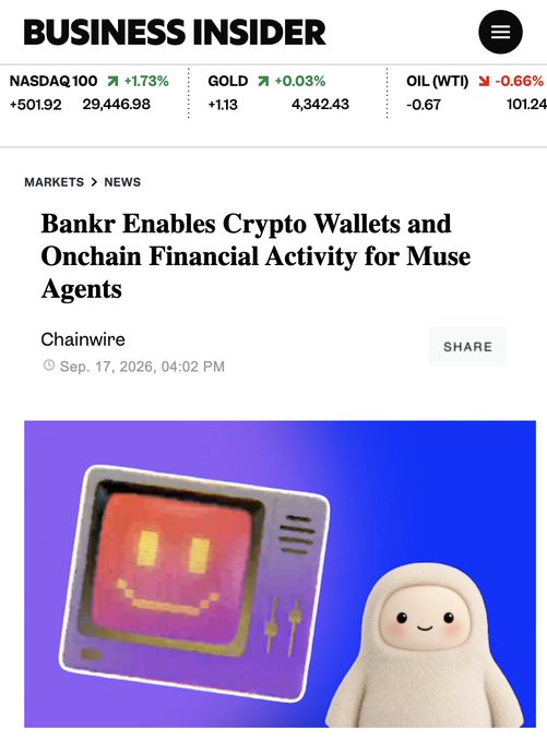 A Business Insider article by Chainwire dated Sep. 17, 2026, headlined "Bankr Enables Crypto Wallets and Onchain Financial Activity for Muse Agents," featuring an illustration of a retro smiling TV and a cute white hooded character, reflecting the article's announcement that users can simply instruct their Muse agent to install the Bankr skill to manage crypto wallets and onchain activities automatically.