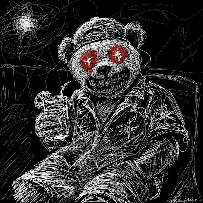 A dark, sketchy digital drawing of a menacing teddy bear with sharp teeth and red X-eyes holding a glass of liquid, set against a black scribbled background.