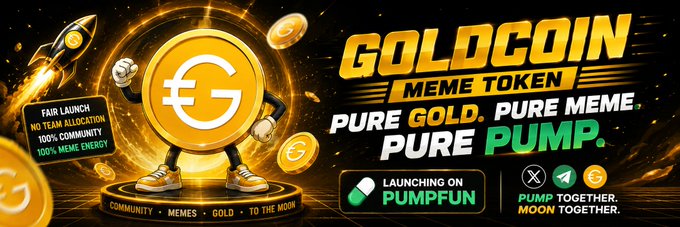 A promotional banner for 'GOLOCOIN MEME TOKEN' featuring a gold coin mascot, stating 'PURE GOLD. PURE MEME. PURE PUMP.' and noting launch on Pumpfun.