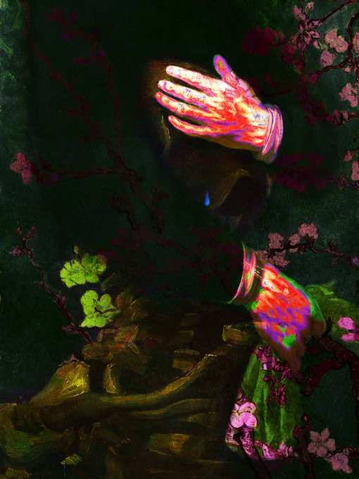 A glitchy, surreal digital artwork showing a hooded figure with brightly colored, distorted hands raised against a dark background with floral patterns.