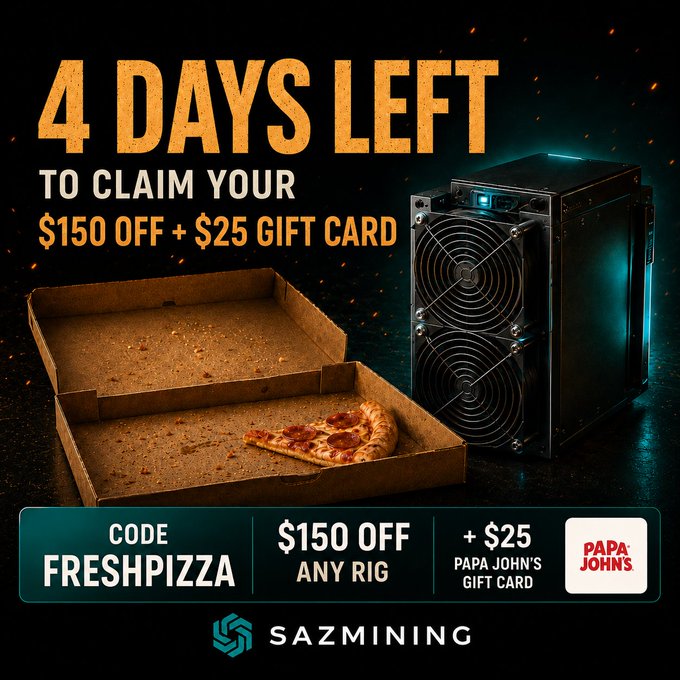 The image features a pizza cut into slices, with two pizzas sitting inside a brown cardboard box. There is also a pizza inside an open plastic take-out container placed next to the box. The background of the image has a dark green color. In the upper left corner of the image, there are text elements related to Bitcoin mining and purchasing items like a mining rig or a gift card for Papa John's. The post states that four days are left before the purchase ends on May 31st, and there is an ongoing sale with a $150 off offer plus a $25 gift card at checkout.