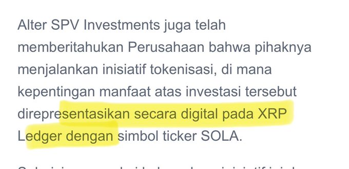 A highlighted excerpt from a news article stating that Alter SPV Investments has informed the Company of its tokenization initiative, where ownership benefits of the investment are digitally represented on the XRP Ledger under the ticker symbol SOLA, corresponding to the RWA tokenization of its minority stake in PT Solarisia Energi Indonesia.