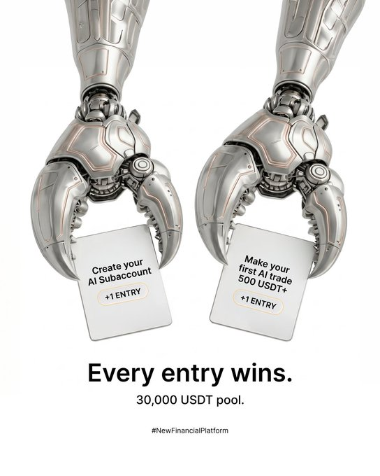 A promotional ad featuring robotic hands holding cards that say 'Create your AI Subaccount +1 ENTRY' and 'Make your first AI trade 500 USDT+ +1 ENTRY', promoting a 30,000 USDT prize pool with the hashtag #NewFinancialPlatform.