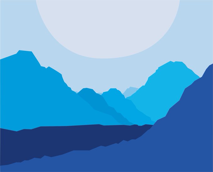 A minimalist digital artwork featuring stylized blue mountain silhouettes layered in varying shades against a pale sky with a large white sun or moon. The serene landscape complements the post's reference to collecting artwork on the objkt.com NFT platform, suggesting a tranquil digital collectible piece.