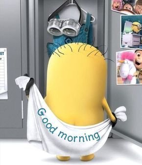 A 3D animated yellow egg-shaped character wearing silver goggles and holding a white towel with 'Good morning' printed in blue, standing in a locker room with photos on the wall.