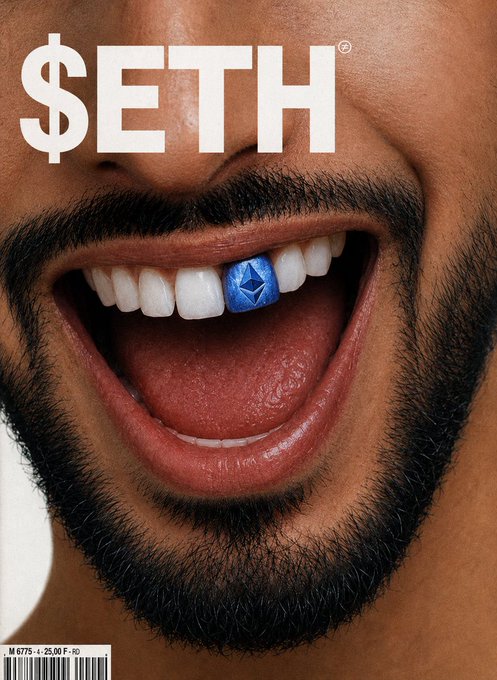 A close-up of a bearded man's smiling mouth reveals a gold tooth featuring the Ethereum logo, with the word "$ETH" displayed prominently at the top, symbolizing his deep investment—or over-investment—in Ethereum, humorously tying to the caption about a regrettable crypto purchase.