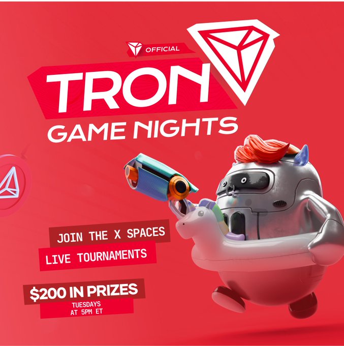 Promotional graphic for 'TRON GAME NIGHTS' featuring a 3D robot character in a bathtub, advertising X Spaces live tournaments with $200 in prizes every Tuesday at 5PM ET.