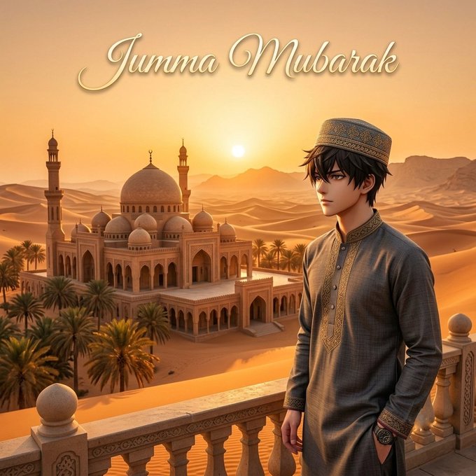 An anime-style illustration of a young man in traditional Islamic attire (a peci/kufi cap and grey thobe) standing on a balcony overlooking a desert mosque at sunset, with the text 'Jumma Mubarak' at the top.