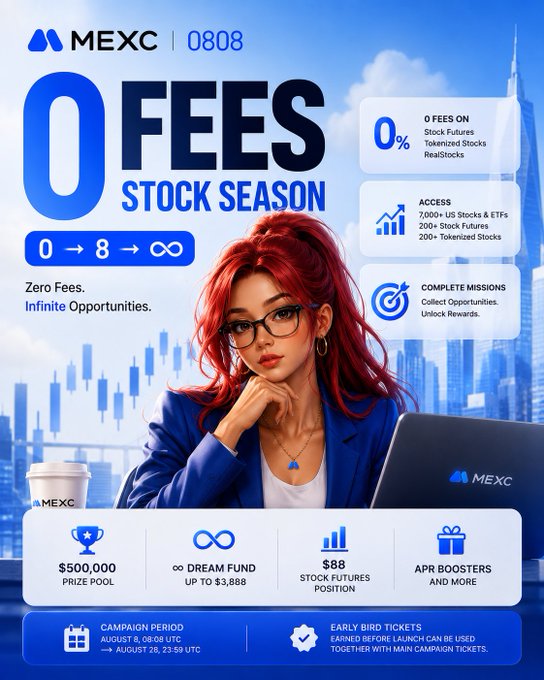 The image is a promotional graphic for the "MEXC 0808 Stock Season" campaign, featuring a red-haired woman with glasses in a blue blazer alongside key highlights: 0% fees on stock futures, tokenized stocks, and real stocks, a $500,000 prize pool, a Dream Fund up to $3,888, and access to 7,000+ US stocks & ETFs running from August 6-28, 2025 UTC.
