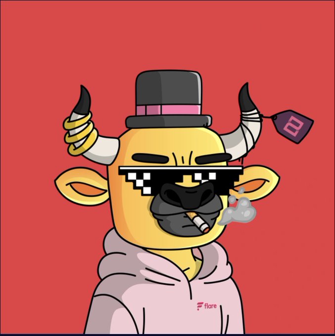 A cool bull character wearing pixelated "deal with it" sunglasses, a top hat, and smoking a cigarette is depicted on a red background, representing the bullish sentiment of #FlareNetwork. The Flare logo and the word "flare" appear on the image, aligning with the post's hashtags.