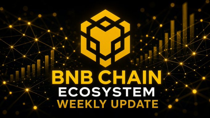 A promotional graphic for 'BNB CHAIN ECOSYSTEM WEEKLY UPDATE' featuring a golden hexagonal logo against a network pattern background.