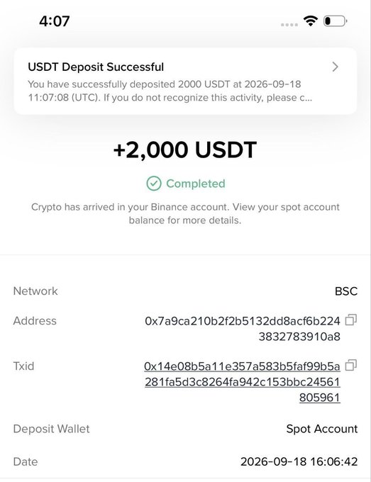 A Binance app screenshot shows a successful deposit of +2,000 USDT via BSC network, with transaction details including address, TxID, and date 2026-09-18.
