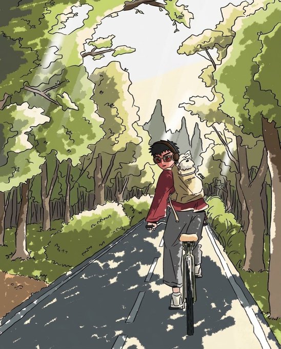 The image features a man riding a bicycle down a tree-lined street with a backpack attached to his bike. The scene includes trees, bushes, and grass along the road, creating a serene atmosphere. The caption of the image reads "Good morning my CT family first, Learn something. then cut the L and start to Earn. that'S the game." This message seems to be related to the post about learning something new or starting a new day in a positive way.
