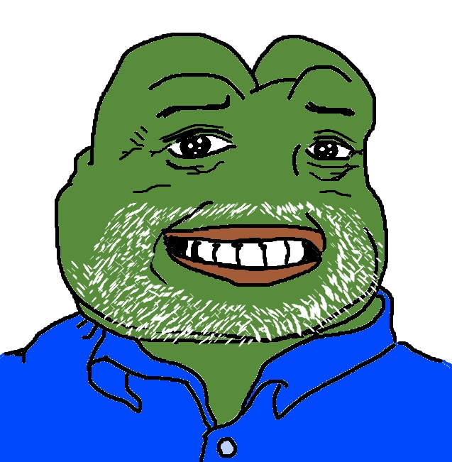 A drawing of a sad Pepe the Frog character with tears in his eyes, wearing a blue shirt.