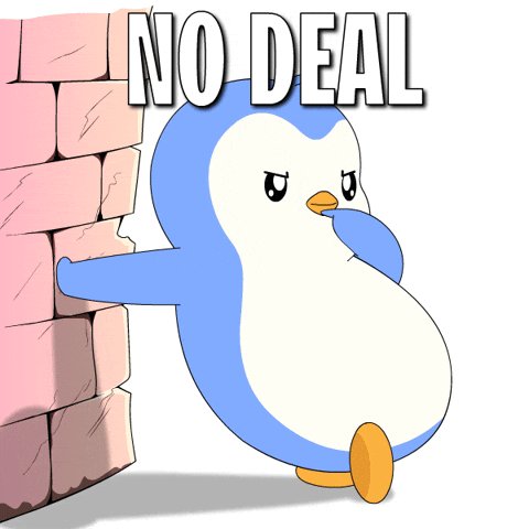 The image features a cartoon penguin standing against a brick wall, with its arms outstretched as if trying to reach something or simply posing for the photo. The text "no deal" is written above the penguin's head, which seems to be a part of an internet meme or joke. The post also mentions that inflation can't be beat by saving lol, suggesting a humorous take on the current economic situation.