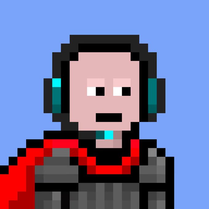 A minimalist pixel art portrait of a person with a pale face, black hair, teal headphones, and a red and dark gray outfit against a solid blue background.