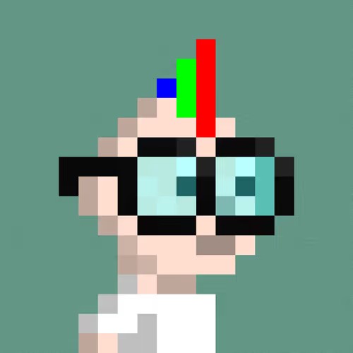 Pixel art on a teal background depicting a character with thick black glasses and colorful (blue, green, and red) hair or accessories on top of their head.