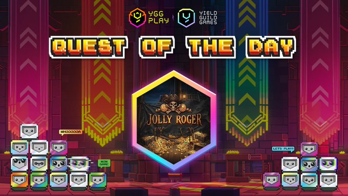 A vibrant pixel-art promotional banner for "Quest of the Day" by YGG Play and Yield Guild Games, featuring the featured game "Jolly Roger" displayed in a central hexagonal frame. The background showcases colorful banners, a quest counter (18000036), and rows of character icons representing players, aligning with the post's call to action to participate in the Jolly Roger quest on the YGG Play Launchpad.