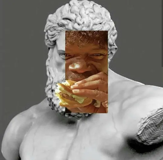 A meme image combining a classical marble statue's body with a cutout of a person eating a sandwich placed over its face.