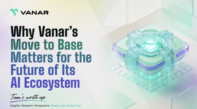 A graphic with the VANAR logo and the headline 'Why Vanar's Move to Base Matters for the Future of Its AI Ecosystem' featuring a 3D teal device design.