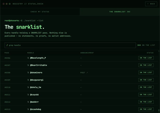 A terminal-style webpage titled 'The snarklist.' with a command prompt reading 'root@2ksnarks:~/ .snarklist --list' and a table listing pass holders such as @Wavelength_P, @Bearirritable, and @skominers, each marked 'ON THE LIST'.