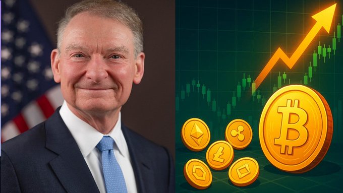 A side-by-side image showing an older man in a dark suit with an American flag in the background on the left, and a rising stock chart with an upward orange arrow alongside golden Bitcoin and cryptocurrency coins on the right.