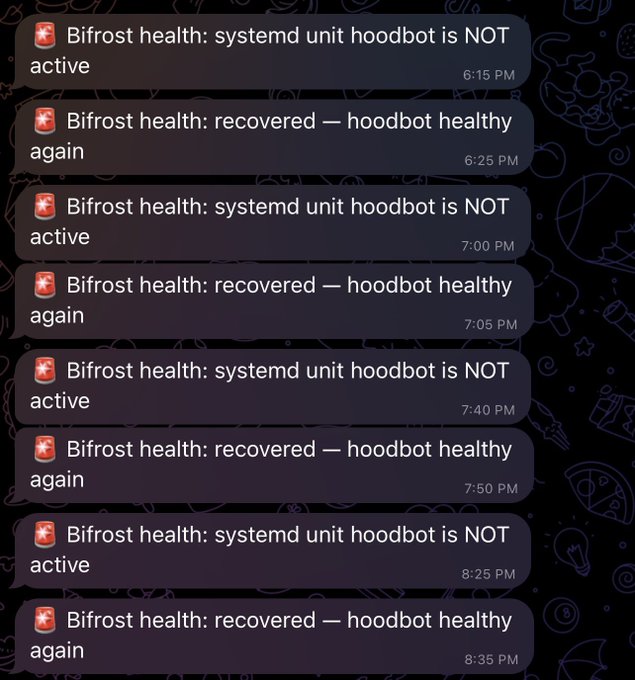 A screenshot of Telegram bot messages from 'Bifrost health' showing a pattern of alternating alerts stating the system unit hoodbot is NOT active followed by recovery messages, occurring throughout the evening from 6:15 PM to 8:35 PM.
