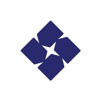 A dark blue logo consisting of four diamond-shaped petals arranged around a white star in the center.