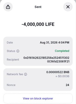 A cryptocurrency transaction screenshot showing a sent transaction of "-4,000,000 LIFE" with a status of "Completed" and a network fee of 0.0000522 BNB.