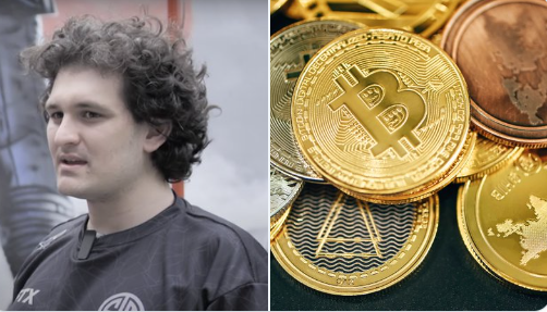 The image features a man with curly hair wearing a black shirt, standing next to a pile of gold coins. The coins are scattered around him, some overlapping each other. In addition to the man and the coins, there's also an article about Bitcoin in the background.