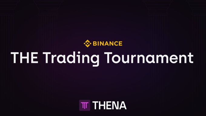 A promotional banner for 'The Trading Tournament' by Binance, featuring the Thena logo on a dark purple background with classical column motifs.