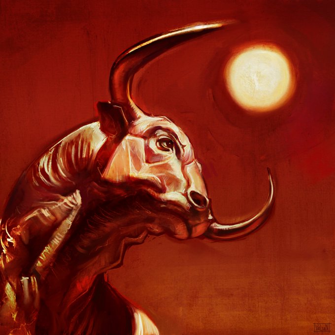A digital painting in deep red and orange tones depicting a metallic, dragon-like or armored creature with a large curved horn and tusk, gazing up at a glowing moon.