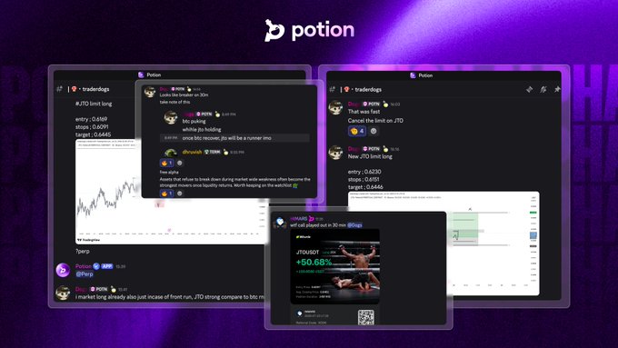 A Potion promotional graphic showcasing the "Traderdogs" trading chat interface on multiple screens, highlighting a JTO/USDT long trade with entry at 0.6230, target at 0.6446, and a +50.68% gain, directly visualizing the call shared in the accompanying post about Bitcoin weakness and JTO's relative strength.