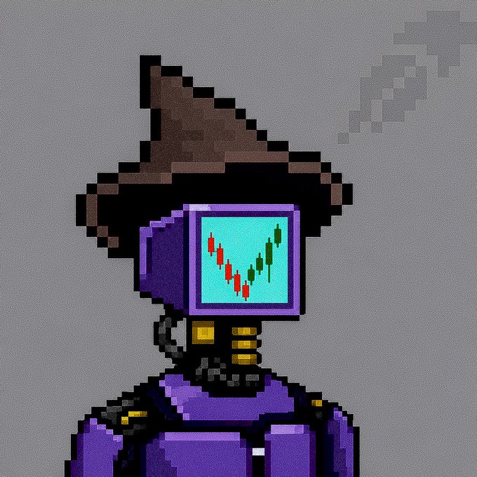 Pixel art of a purple robotic character wearing a brown witch's hat, with a screen face displaying a red and green financial candlestick chart.