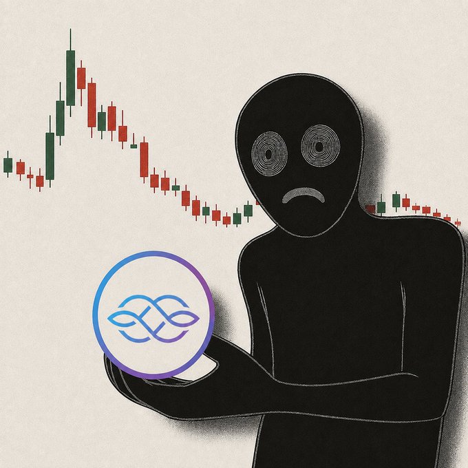 An illustration of a sad black figure holding a white circle with a blue infinity-like logo, set against a declining stock chart in red and green.