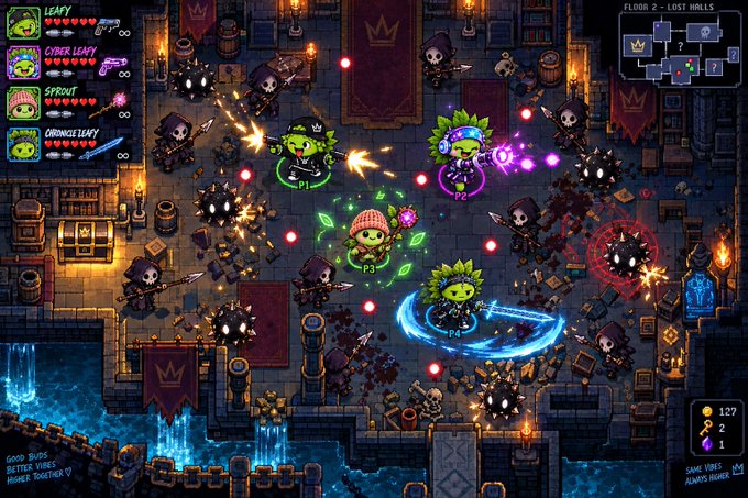 A pixel-art dungeon crawler game screenshot shows four green characters (Leaky, Ciner Leaky, Sprout, Gringle Leaky) battling skeletons and spiky enemies on Floor 2 - Lost Halls.