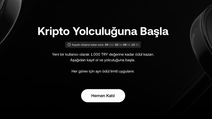 A Turkish-language promotional graphic from OKX TR features a "Kripto Yolculuğuna Başla" (Start Your Crypto Journey) banner, offering new users up to 1,000 TRY in rewards, with a countdown timer and a "Hemen Katıl" (Join Now) button, aligning with the post's promotion of a sign-up bonus for first-time traders on the platform.