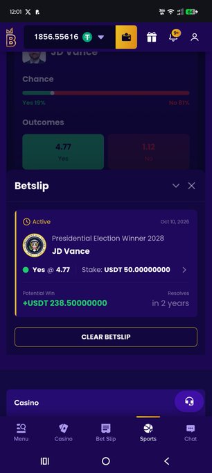 A mobile sports betting app shows an active bet slip for 'Presidential Election Winner 2028' on 'JD Vance' at odds of 4.77, with a stake of 50 USDT and potential win of 238.5 USDT.