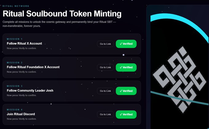 The image presents an interface of a cryptocurrency trading app called @ritualnet Soulbound token minter. It features four buttons with one green button prominently displayed. The green button reads "Verified", indicating that at least one of these tasks has been successfully completed and verified, and it's time to move on to the next task. The text in the image indicates that this app allows users to mint a permanent, non transferable token that can be used as an irreplaceable account on the blockchain network. This app is described as "clean", "smooth" with a great user experience, and easy to use, which makes it an interesting option for trading or investing in cryptocurrencies.
