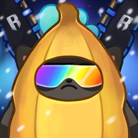 A cat clad in a banana suit with a rainbow visor stares forward, with the letter "R" visible on both sides amid a cosmic backdrop, visually representing the Moki meme character experiencing increased volume from the Pupkins mint.