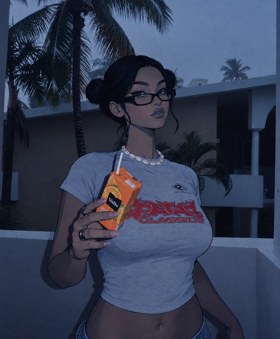 An animated illustration of a dark-haired woman with glasses wearing a gray 'Vegas Classics' t-shirt and shell necklace, holding an orange juice carton labeled 'Value' in a tropical setting.