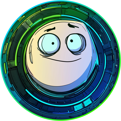 A digital illustration of a cartoonish spherical face with wide blue eyes and a slight smile, set within a futuristic circular frame with green and blue neon accents.