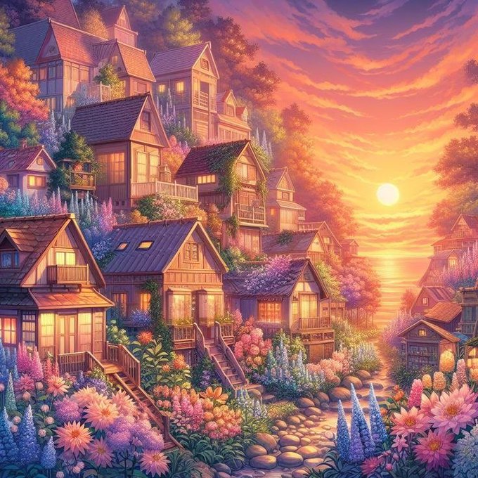 A vibrant anime-style illustration of a picturesque coastal village at sunset, featuring charming houses built into a hillside surrounded by lush, colorful flowers under a bright orange sky.