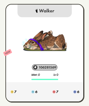 A mobile game interface showing a 'Walker' creature card (id: 106281569) at Lv 0, with stats 7/6/7/6.