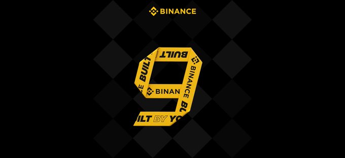 A graphic displays the Binance logo in yellow at the top, with a 3D ribbon below it repeatedly showing the text "BUILT BY BINANCE" against a dark checkered background.