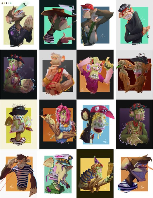 A grid of 16 stylized character illustrations featuring quirky, cartoonish figures in various costumes and poses against colorful backgrounds, with each panel bearing a small signature "A" in the corner—visually emphasizing the word "THIS" through a diverse showcase of artistic character designs.